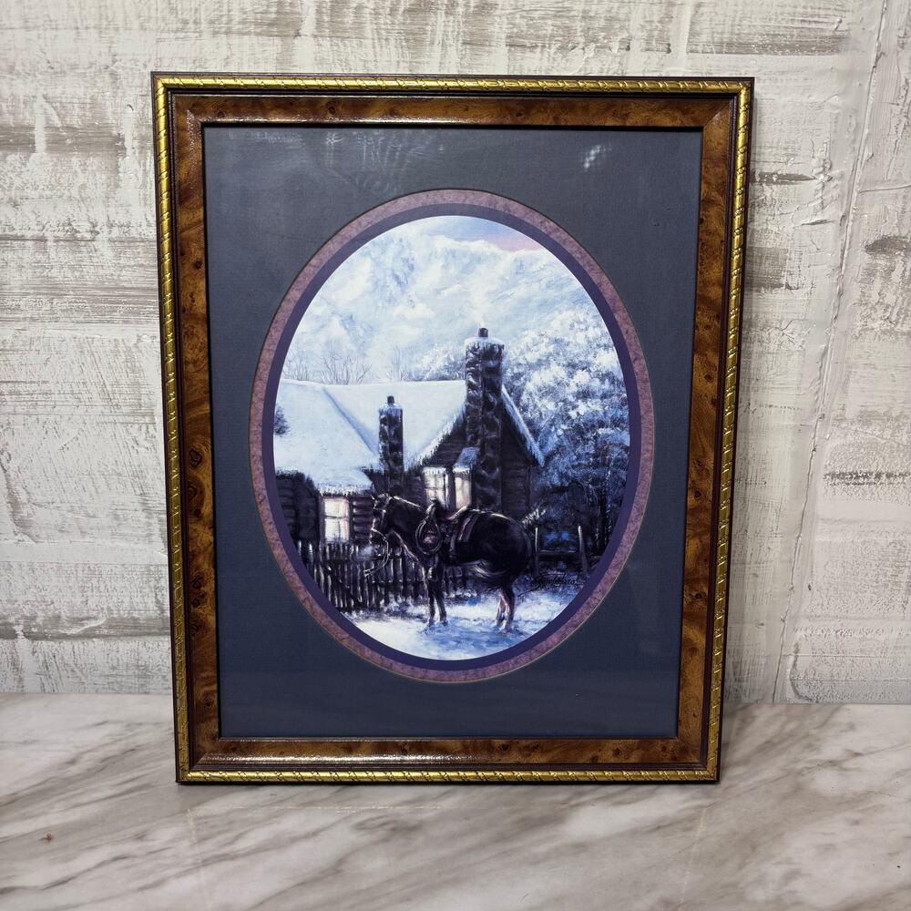 Vintage Joe Sambataro Snowy Cabin Framed Winter Print